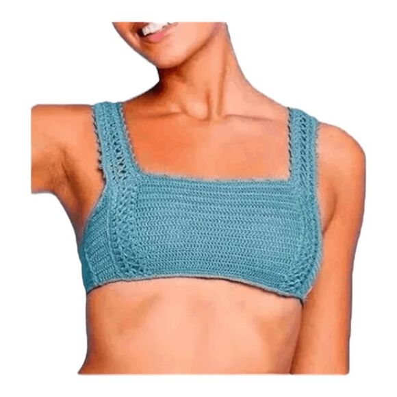 Hula Honey Crochet Bandeau Bikini Top Sage Green Knit Nylon Adjustable Swimsuit - Picture 1 of 7